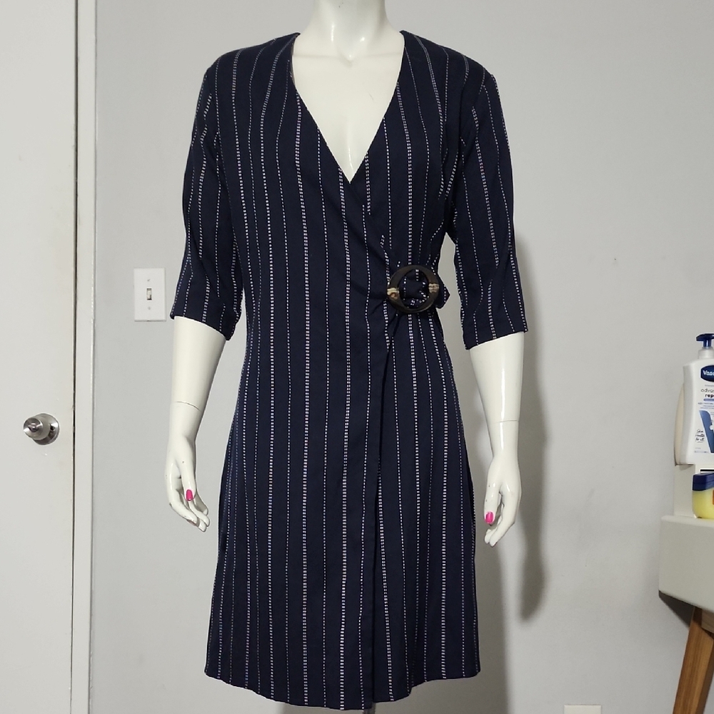 Mango Blue and White Wrap Dress with Puff Sleeves‎
